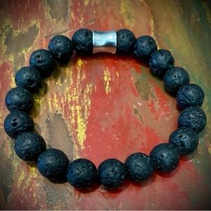 Natural Black Volcanic Lava Gemstone Beaded Stretch Bracelet - New